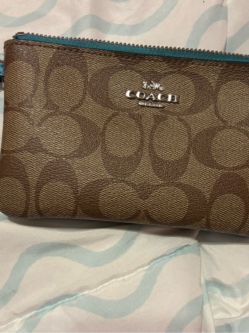 Coach Signature Wristlet in Brown with Teal Trim